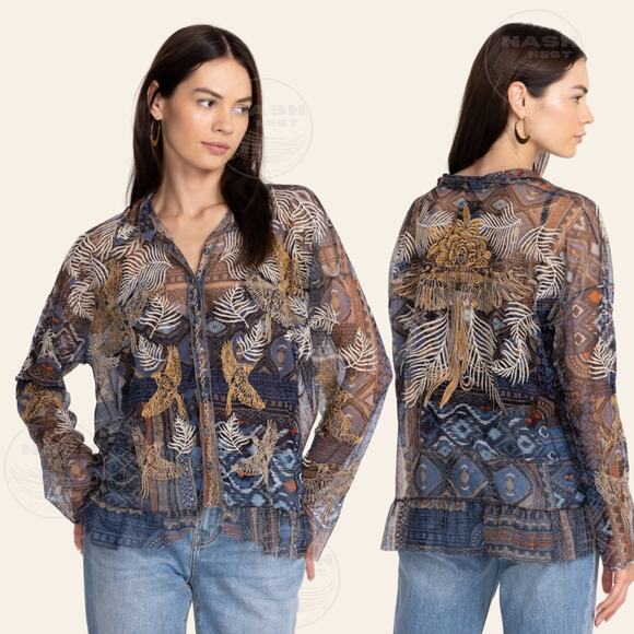 Johnny Was Noemie Mesh Blue Blouse L | Embroidered Phoenix Bird Sheer Top NWOT - Picture 4 of 10